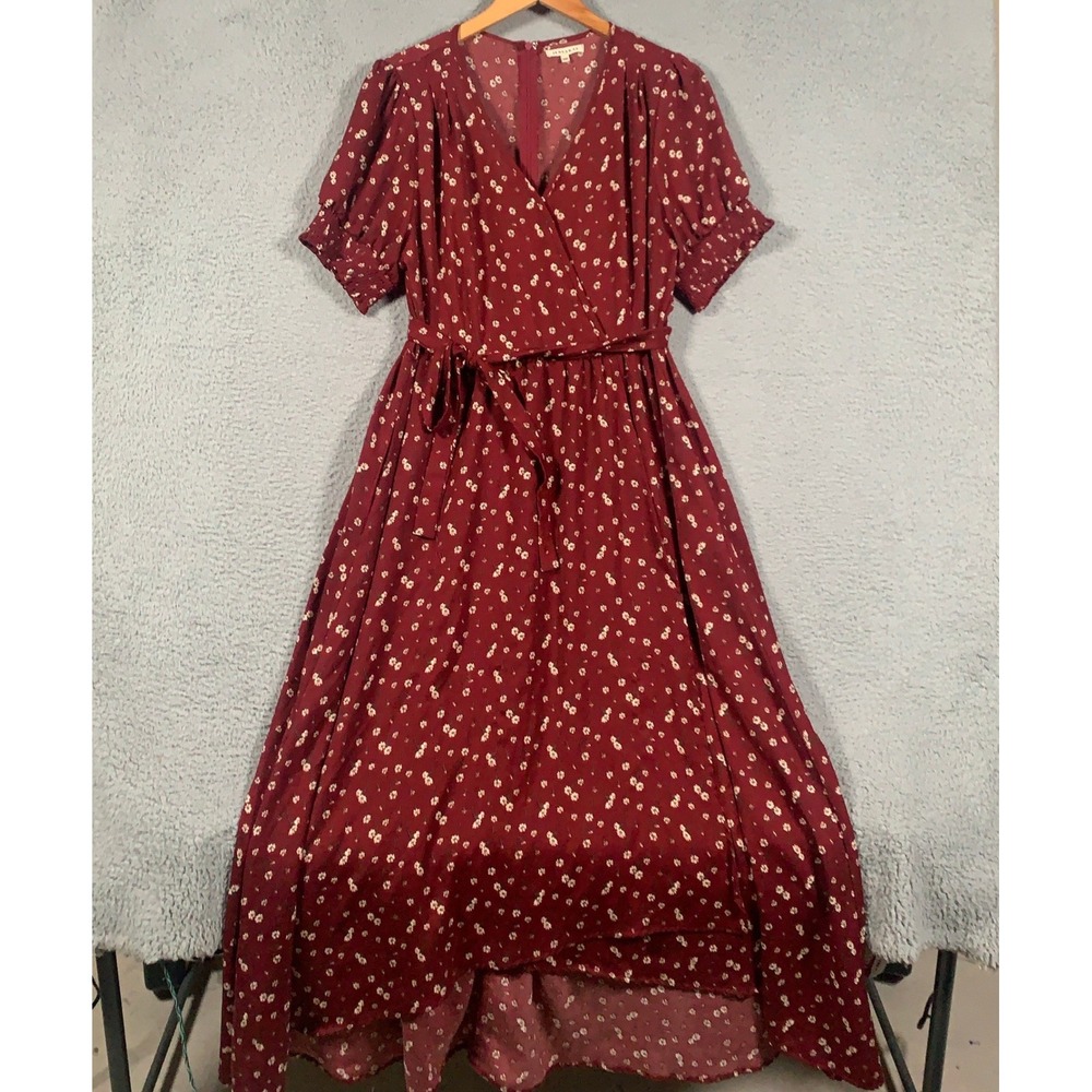 JessaKae Maxi Dress Womens XXXL Burgundy Floral Wrap Puff Sleeve High Low V-Neck